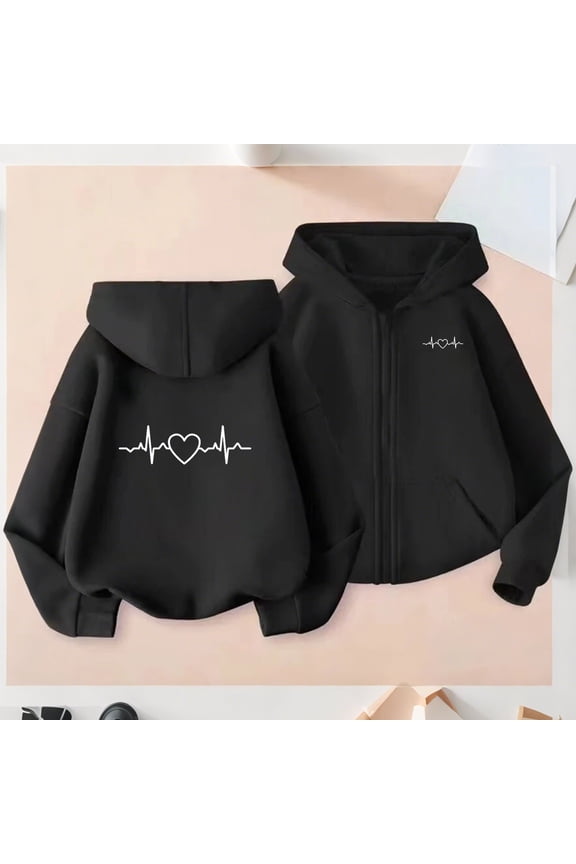 Girls Fashion Love Heart Zipper Hoodies Full Zip Hooded Sweatshirts Trendy Athletic Tops Casual Jackets New Girls Hoodies Sweatshirts Black 150