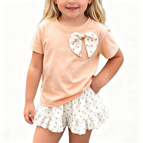 Girls Fashion Outfit Sets Short Sleeve Round Neck Bow Shirts and Ruffle Polka Dot Skorts Summer Casual Sets Orange 5-6 Years