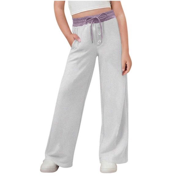Girls Fashion Pants Elastic Waist Wide Leg Casual Pant Lightweight Loose Comfy Soft Color Block Trousers with Pocket 3-15 Years