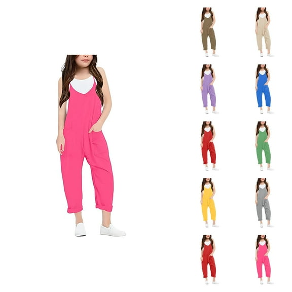Girls Fashion Pants for Girls Girls' Fashion Casual V Suspender Romper Solid Color Loose Casual Romper With Pocket Features: