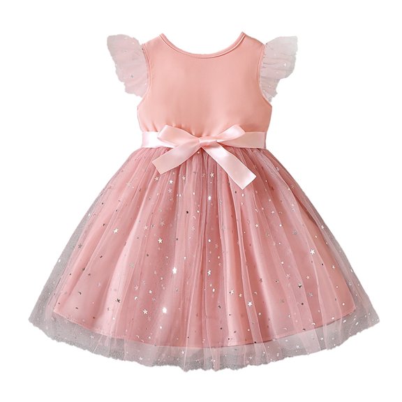 Girls Fashion Party Outfit Children's Clothing Small and Medium Sized Bow Tie Fly Sleeve Mesh Dress Summer