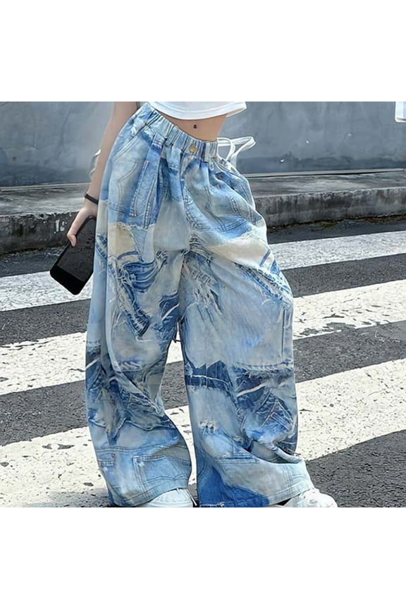 Girls Pants Cute Personality Elastic Waist Wide Leg Jeans Casual Denim with Pockets for Girls