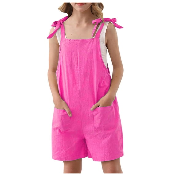Girls Sleeveless Casual Jumpsuit Spaghetti Strap Loose Overalls Rompers Short Pants Jumpsuit with Side Pockets Preppy Clothes Kids 11-12