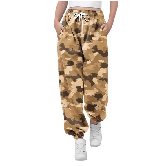 Girls Fashion Sweatpants Camouflage Graphic Cute Baggy Pants Unisex Boys Girls Elastic Waist Drawstring Joggers Dance Streetwear Girls Pants with Pockets Khaki 7Y