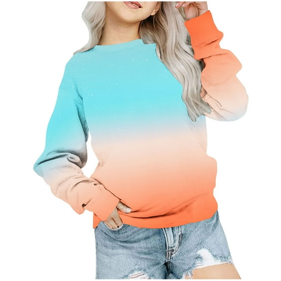 Girls' Fashion Sweatshirts New Kids Boys Girls Long Sleeve Comfy Sweatshirts Cute Gradient Pullover Tops Casual Loose Trendy Clothes Orange 9 Years