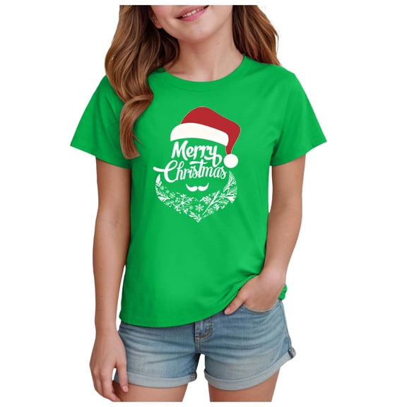 Girls Fashion Tee Christmas Short Sleeve Shirt Seasonal Pattern Soft Comfort Fit Cotton Blend Fabric Family Matching Photo Outfit Size for 13-14Years,Green