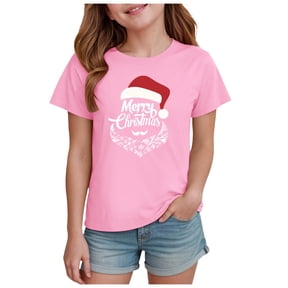 Girls Fashion Tee Christmas Short Sleeve Shirt Seasonal Pattern Soft Comfort Fit Cotton Blend Fabric Family Matching Photo Outfit Size for 9-10Years,Pink