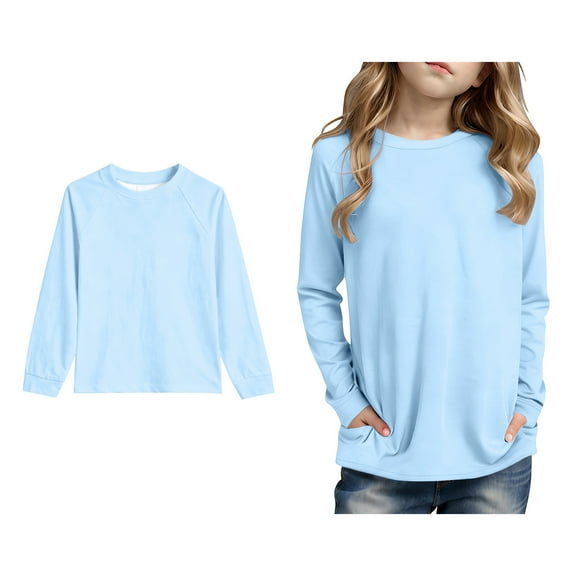 Girls Fashion Tops Blue Long Sleeve Tshirts with Pocket Girls Casual Crewneck Basic Tees Fall Clothes Size 5-6 Years Boys Clothes