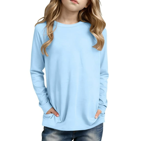 Girls Fashion Tops Light Blue Boys Long Sleeve Shirts Girls Crew Neck Basic Tops Boys Fall Shirt Boy Winter Clothes 9-10 Years