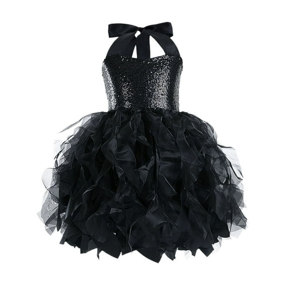 Girls' Fashion Tulle Dress Birthday Party Sequin Dress Fairy Dance Sparkly Halter Dress Christmas Holiday Outfits, Black, 8 Years
