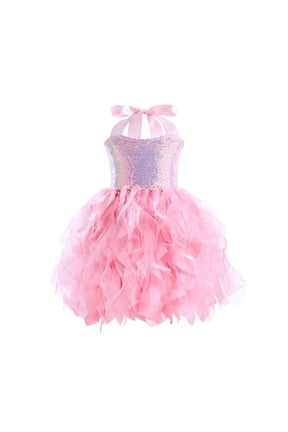 Girls' Fashion Tulle Dress Birthday Party Sequin Dress Fairy Dance Sparkly Halter Dress Christmas Holiday Outfits, Pink, 6 Years