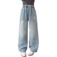 thumbnail image 1 of Girls Fashion Wide Leg Jeans Distressed Casual Pants Denim Pants with Elastic Waist and Pockets Size 7-8 Years, JN2-Blue, 1 of 7