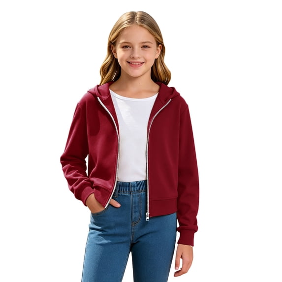 Girls Fashion Zip Up Hoodies Kids Cute Cropped Sweatshirt Teen Trendy Preppy Hooded Jacket Lightweight Fleece Lined Outerwear