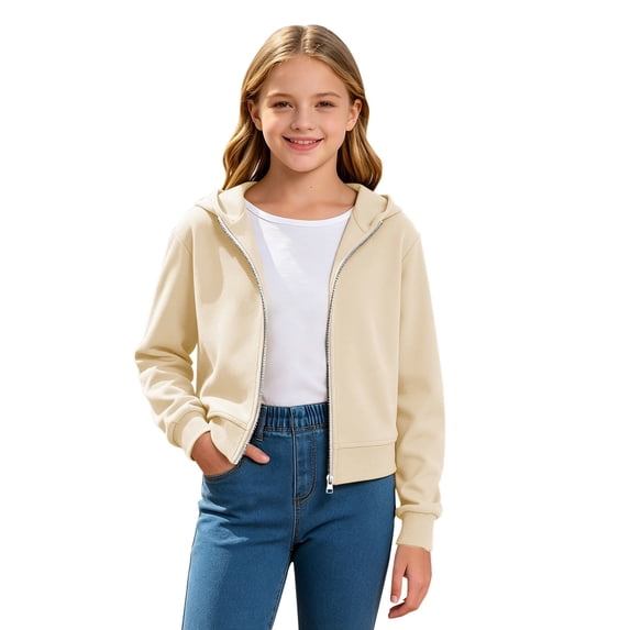 Girls Fashion Zip Up Hoodies Kids Cute Cropped Sweatshirt Teen Trendy Preppy Hooded Jacket Lightweight Fleece Lined Outerwear
