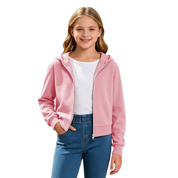 Girls Fashion Zip Up Hoodies Kids Cute Cropped Sweatshirt Teen Trendy Preppy Hooded Jacket Lightweight Fleece Lined Outerwear