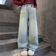 thumbnail image 1 of Girls Fashionable Embroidered Denim Jeans With Decorative Bow Detail Comfortable Straight And Wide Leg Trousers For Casual Wear, 1 of 4