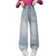 thumbnail image 1 of Girls Fashionable Embroidered Denim Jeans With Decorative Bow Detail Comfortable Straight And Wide Leg Trousers For Casual Wear, 1 of 8