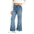 thumbnail image 1 of Girls Faux Denim Pants with Pockets Elastic Waist Cute Baggy Casual Kids Flare Pants Blue 4-12, 1 of 9