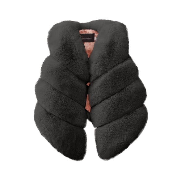 Girls Faux Faux Fur Vest, Dark Gray Fluffy Quilted Winter Outerwear, Sleeveless High Collar Cozy Jacket for Kids to Pre-Teen,Size 2-3T