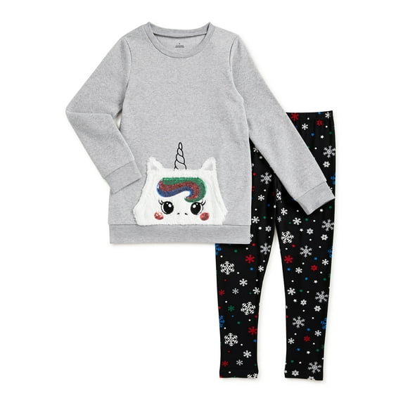 Girls Faux Fur Critter Sweater and Printed Leggings Outfit Set, 2-Piece, Sizes 4-10