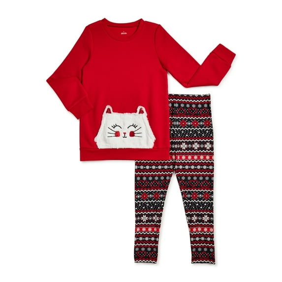 Girls Faux Fur Critter Sweater and Printed Leggings Outfit Set, 2-Piece, Sizes 4-10