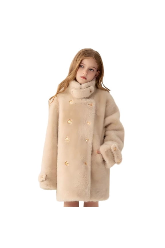 Girls Faux-Fur Dress Coat Double Breasted Mid Length Jacket Lapel High Collar Fluffy Trench Peacoat Overcoat (6-7 Years, Beige)