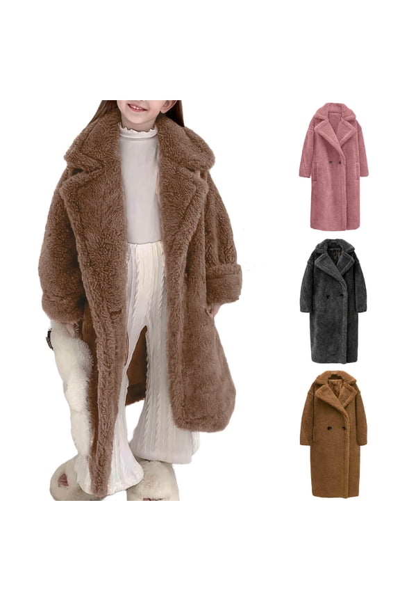 Girls Faux Fur Teddy Long Coat Kids Winter Sherpa Fleece Jacket Plush Fuzzy Overcoat One Button Warm Outwear with Pocket