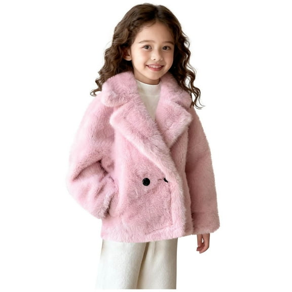 Girls' Faux Furry Coat Notch Collar Single Breasted Sherpa Shaggy Jacket Quilted Thick Winter Warm Outerwear 5-14Y