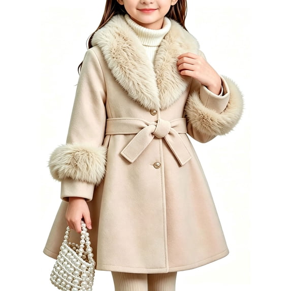 Girls Faux Furry Collar Trench Coat Mid Length Belted Winter Dress Coat for School Parties Holidays and Cold Weather Ages 3-12
