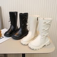thumbnail image 1 of Girls Faux Leather Boots Side Zipper Mid Calf Winter Boots Cute Bow Decor Side Zipper Winter Tall Riding Boots Fashion Comfortable Round Toe Low Heel Combat Boots Black 37, 1 of 5