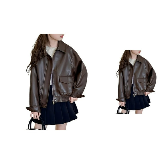 Girls' Leather Jacket, Zip-Up Windproof Outerwear with Stand Collar, Open Front Design for Toddlers & Big Kids 3-14 Years