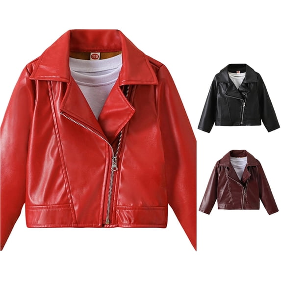 Girls Faux Leather Jackets Kids Zip Up Motorcycle Short PU Moto Biker Outwear Fitted Slim Coat