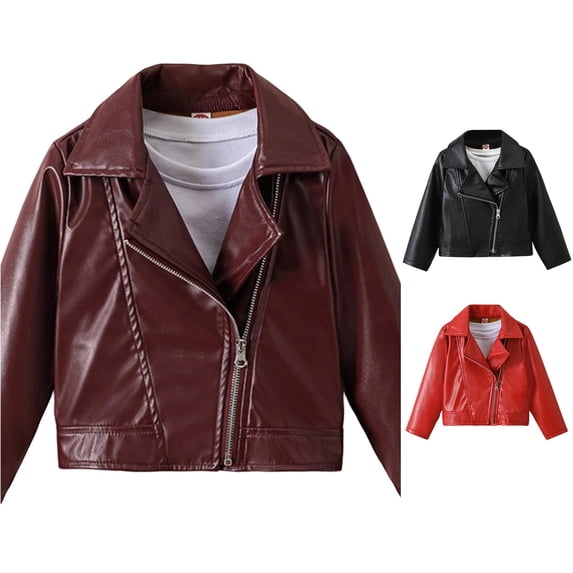 Girls Faux Leather Jackets Kids Zip Up Motorcycle Short PU Moto Biker Outwear Fitted Slim Coat