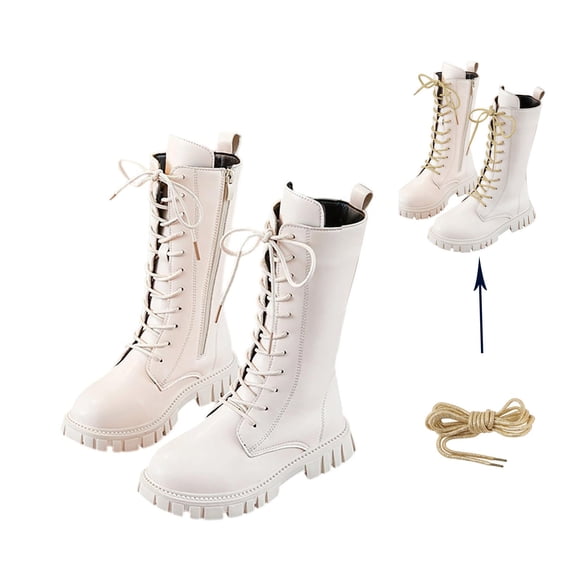 Girls Faux Leather Lace Up Boots, Waterproof Midcalf Outdoor Boots with Side Zipper and Chunky Sole,Includes Extra Gold Laces