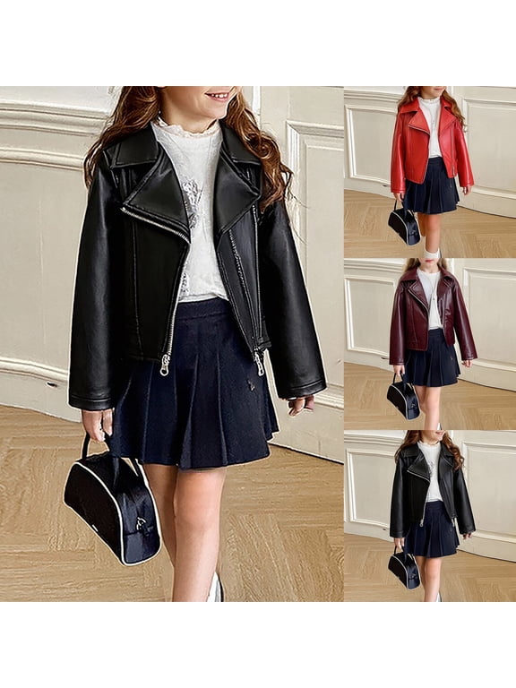 Girls Faux Leather Moto Jacket Asymmetric Zip Up Long Sleeve Biker Outerwear Coat 2-3 Years Spring Fall Winter Jackets