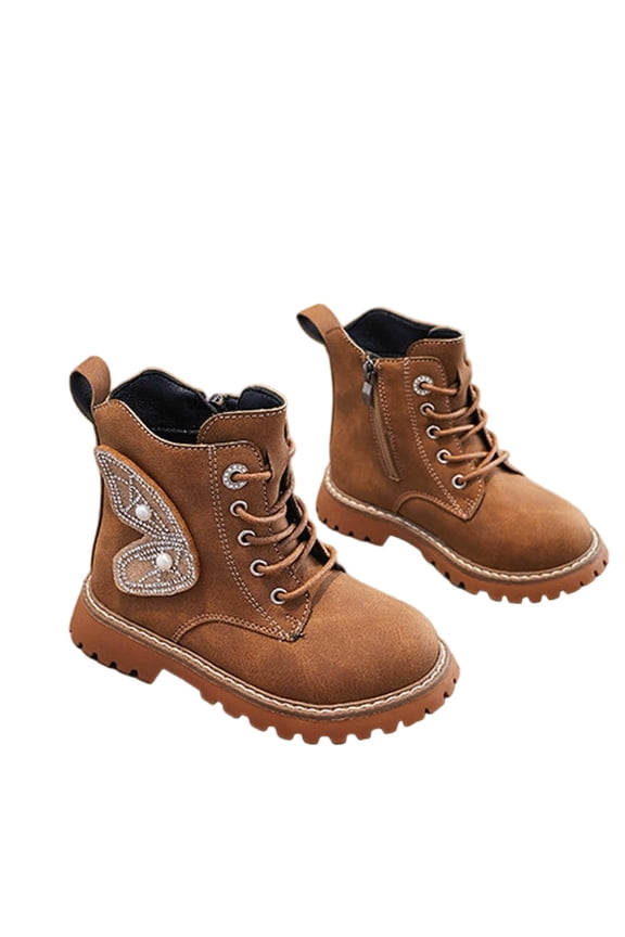 Girls Faux Suede Ankle Boots Cute Wing Booties Lace Up Cowgirl Boot Side Zipper Low Heel Short Boots Kids Comfortable Slip On Lug Sole School Shoes Cowboy Boot Vintage Western Riding Shoes