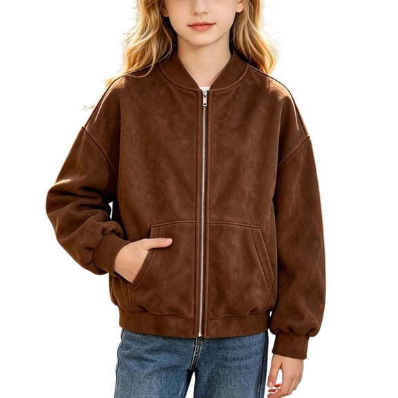 Girls Faux Suede Bomber Jacket Full Zip Stand Collar Casual Varsity Coat Long Sleeve Loose Outerwear with Pocket for Kids