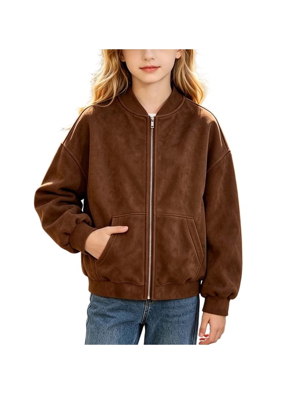 Girls Faux Suede Bomber Jacket Full Zip Stand Collar Casual Varsity Coat Long Sleeve Loose Outerwear with Pocket for Kids