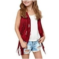 thumbnail image 1 of Girls Faux Suede Fringe Vest Sleeveless Western Style Boho Tassels Jacket Cardigan Open Front Outerwear (11 Years, Wine), 1 of 7