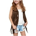thumbnail image 1 of Girls Faux Suede Fringe Vest Sleeveless Western Style Boho Tassels Jacket Cardigan Open Front Outerwear (3 Years, Coffee), 1 of 7