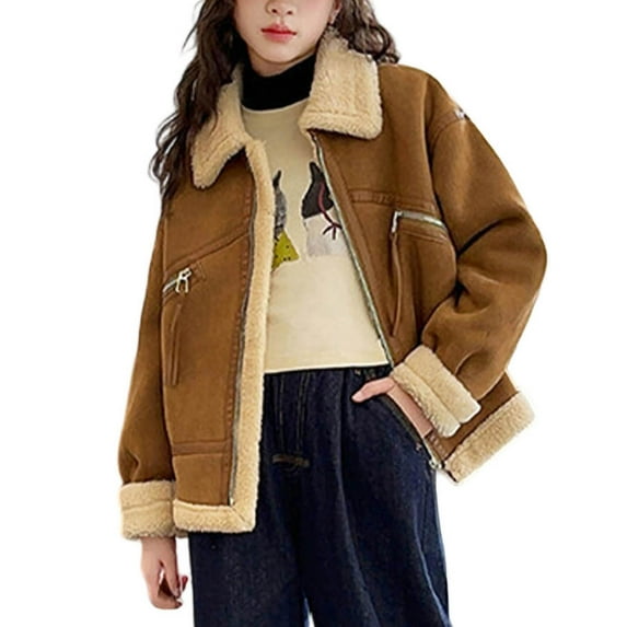 Girls Faux Suede Jacket Fleece Sherpa Lined Full Zip Up Coats Solid Color Long Sleeve Warm Winter Lapel Outerwear with Pocket