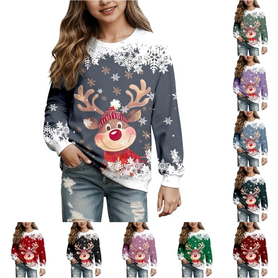 Girls Fawn Print Crewneck Sweatshirt, Long Sleeve Lined Pullover for Kids 2-14Y Christmas Party Casual Wear