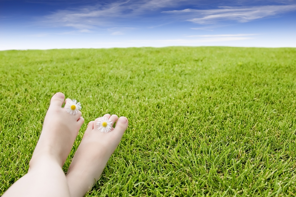Girls Feet On Grass With Flowers Between Her Toes Canvas Art - Vast Photography Design Pics (34 x 22)