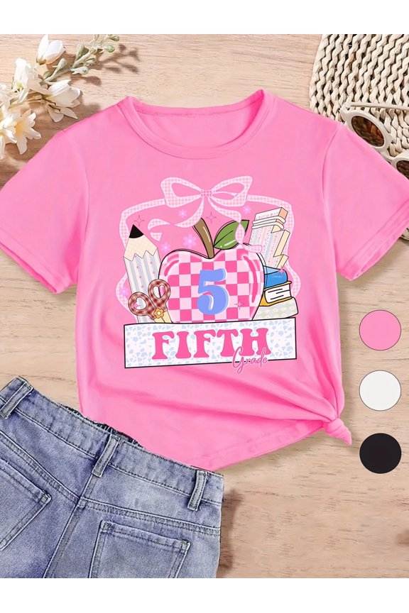 Girls' Fifth Back to School T-Shirt - Cute Cartoon Character Design with Checkered Background, Pink Bow & Letter "F", Breathable Loose Fit Cotton Tee for Spring & Summer, Girls Tshi