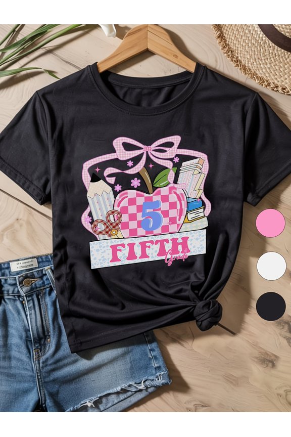 Girls' Fifth Back to School T-Shirt - Cute Cartoon Character Design with Checkered Background, Pink Bow & Letter "F", Breathable Loose Fit Cotton Tee for Spring & Summer, Girls Tshi