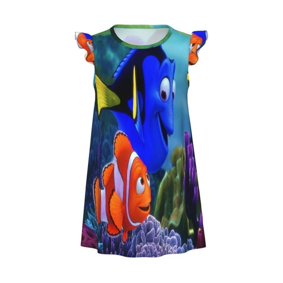 Girls Finding Nemo Graphic Flutter Sleeve Soft Fabric Casual Dress For Home Sleep Dress Party Outdoor