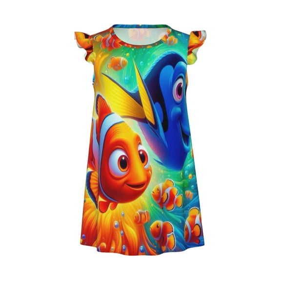 Girls Finding Nemo Graphic Flutter Sleeve Soft Fabric Casual Dress For Home Sleep Dress Party Outdoor