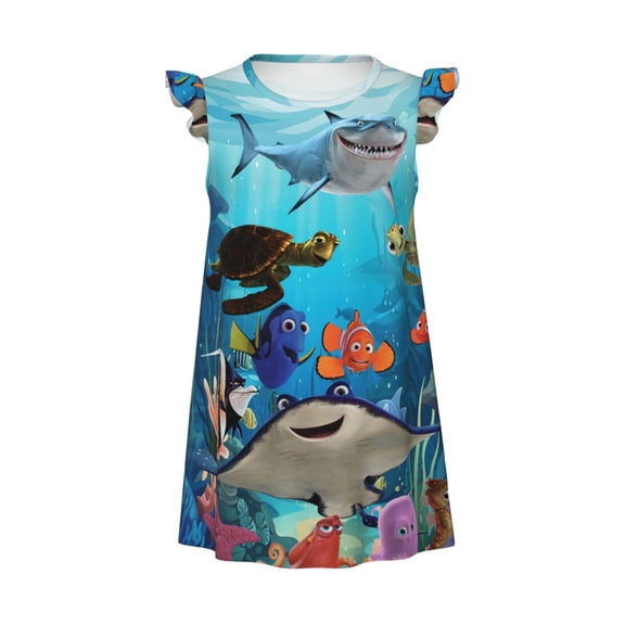 Girls Finding Nemo Graphic Flutter Sleeve Soft Fabric Casual Dress For Home Sleep Dress Party Outdoor