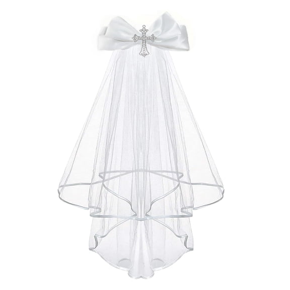 Girls First Communion Veil with Rhinestone Cross, White Satin Bow, Two-Tier Design
