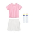 thumbnail image 1 of Girls First Day of School Outfits Set Casual Short Sleeve Tees Shorts Rainbow Socks Cotton Summer Going Out Clothes 4 Years, Pink, 1 of 4